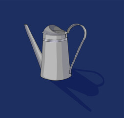 Vector color handdrawn illustration of metal watering can for watering flowers. Home decor items. Isolated objects on dark background. 