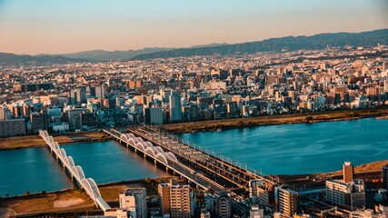 Fototapeta premium Sunset scenery from rooftop observatory in Osaka