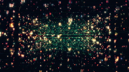 Social network as a flood of bright unrecognizable people portraits moving along green network grid and data connections. Business, technology, communications or social media motion background. 3D