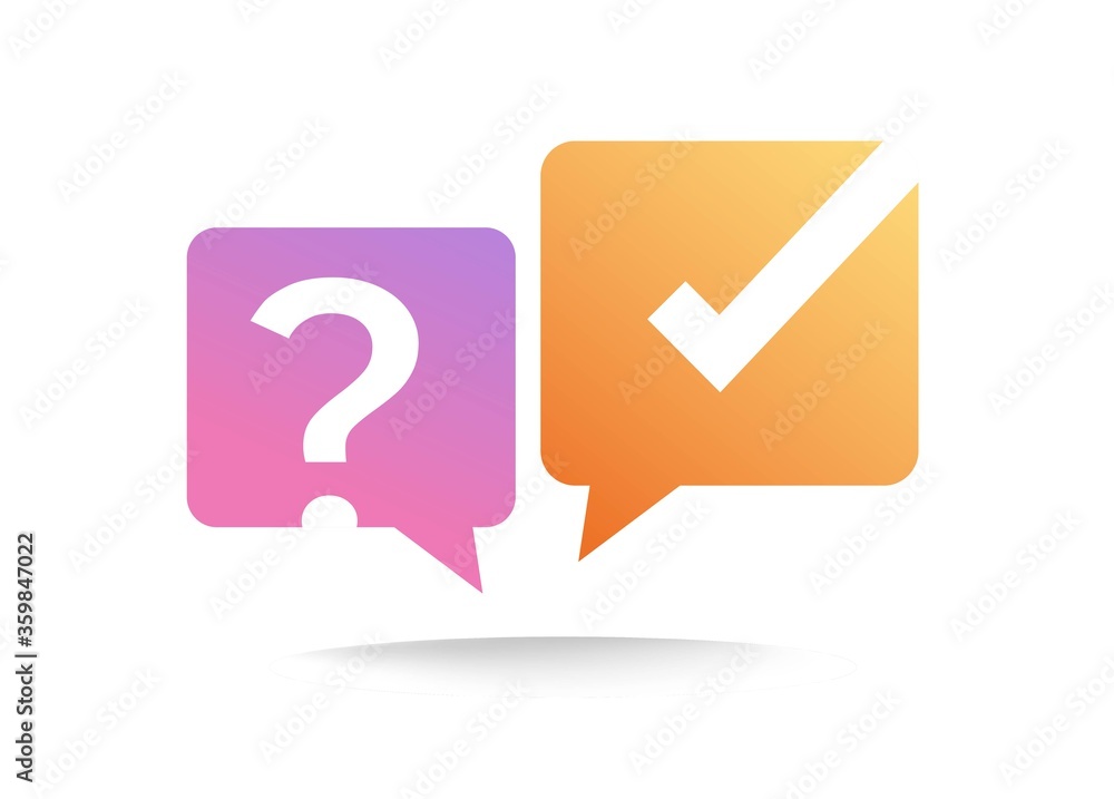 Aufkleber quiz poll logo icon vector or interview discussion logotype sign with checkmark and ask question com