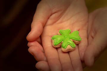 St. Patrick's Day holiday symbol clover on the palm of a woman's hand