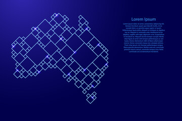 Australia map from blue pattern from a grid of squares of different sizes and glowing space stars. Vector illustration.