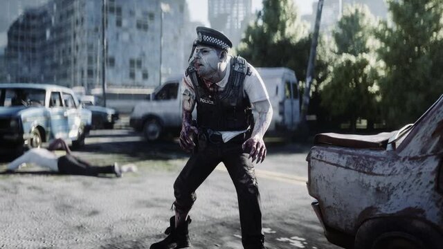 Terrible zombie in destroyed city. Zombie apocalypse concept. Realistic 4k animation.