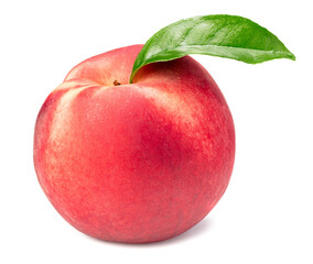 peach fruit with green leaf isolated on white background