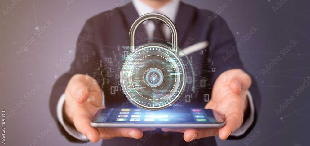 Poster businessman holding a padlock and security data - 3d rendering