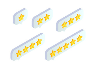 Customer service rate feedback, product review isometric icon. Rating speech bubble button with gold stars isolated on white. Reputation and quality vector illustration for web, infographics, app