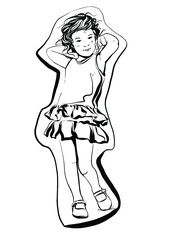 Illustration. A little girl dancing. Beautiful graphic  style, line sketch.