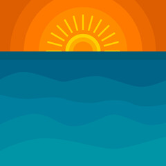 The sun and the sea. Beautiful sunrise or sunset. Flat vector illustration
