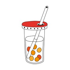 Bubble tea with balls in a glass with a straw.