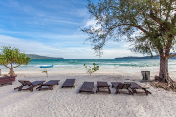 Sunbed on the beach, Saracen bay beach, Koh Rong Samloem island, Sihanoukville, Cambodia.