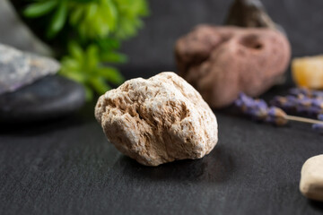 A closeup view of a pumice rock, in a still life setting.