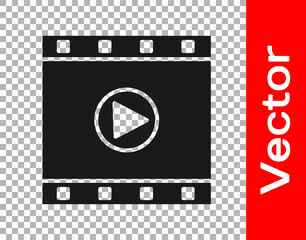 Black Play Video icon isolated on transparent background. Film strip sign. Vector Illustration.