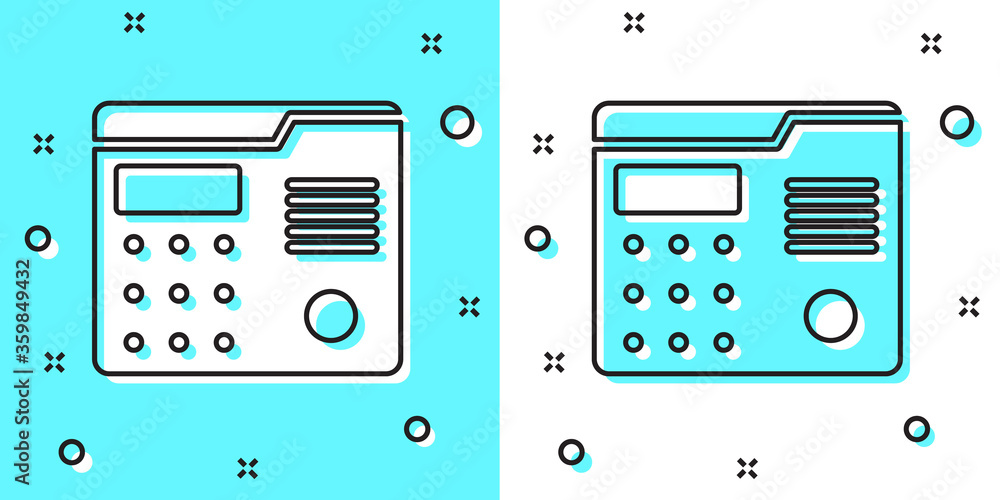 Poster black line house intercom system icon isolated on green and white background. random dynamic shapes.