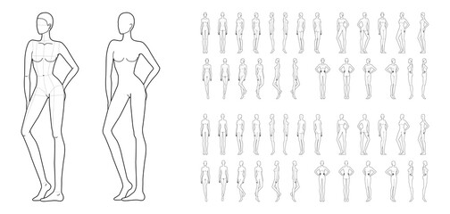 Fashion template of 50 women in different poses with main lines. 9 head size for technical drawing. Lady figure front, side, 3-4 and back view. Vector girls for fashion sketching and illustration.