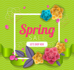 Spring sale blossom flowers with ribbons background cut paper art style for banner, poster, promotion, web site, online shopping, advertising. Vector illustration