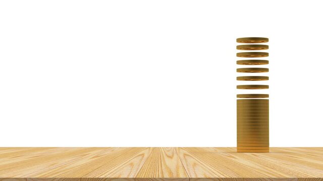 3D animation seamless loop of falling gold dollar coins into a stack on a wooden surface isolated on white background. 4K resolution.