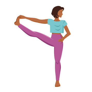 Yoga. A tanned girl stands in the utthita haste padangustasana pose. Vector illustration.