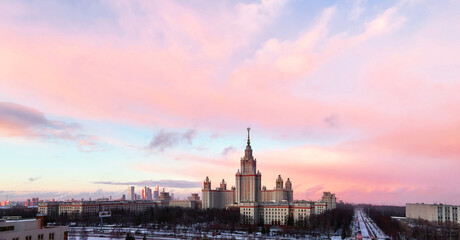 Dramatic sky over main building of famous Russian university in Moscow