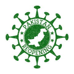Pakistan Reopening Stamp. Green round badge of country with map of Pakistan. Country opening after lockdown. Vector illustration.