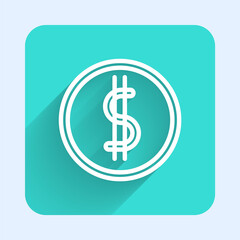 White line Coin money with dollar symbol icon isolated with long shadow. Banking currency sign. Cash symbol. Green square button. Vector Illustration.