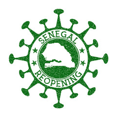 Senegal Reopening Stamp. Green round badge of country with map of Senegal. Country opening after lockdown. Vector illustration.