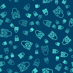 Green line Rocket launch from the spaceport icon isolated seamless pattern on blue background. Launch rocket in space. Vector Illustration.
