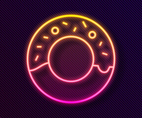 Glowing neon line Donut with sweet glaze icon isolated on black background. Vector Illustration.