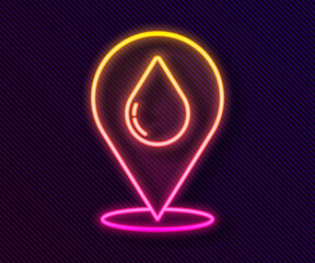 Glowing neon line Water drop with location icon isolated on black background. Vector Illustration.
