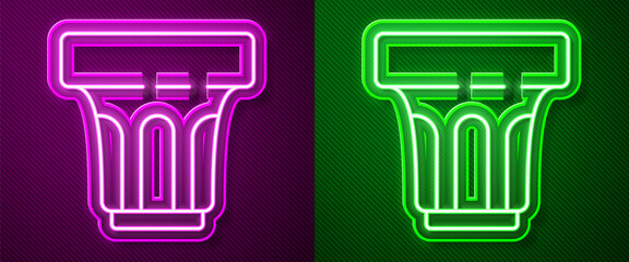 Glowing neon line Glass with water icon isolated on purple and green background. Soda glass. Vector Illustration.