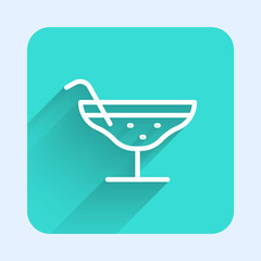 White line Cocktail icon isolated with long shadow. Green square button. Vector Illustration.