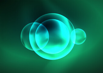 Glowing neon shiny transparent bubbles, glass circles or bio cell concept. Techno futuristic vector abstract background For Wallpaper, Banner, Background, Card, Book Illustration, landing page