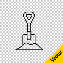 Black line Shovel in the ground icon isolated on transparent background. Gardening tool. Tool for horticulture, agriculture, farming. Vector Illustration.