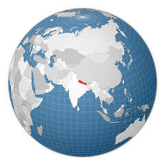 Globe centered to Nepal. Country highlighted with green color on world map. Satellite world projection. Awesome vector illustration.