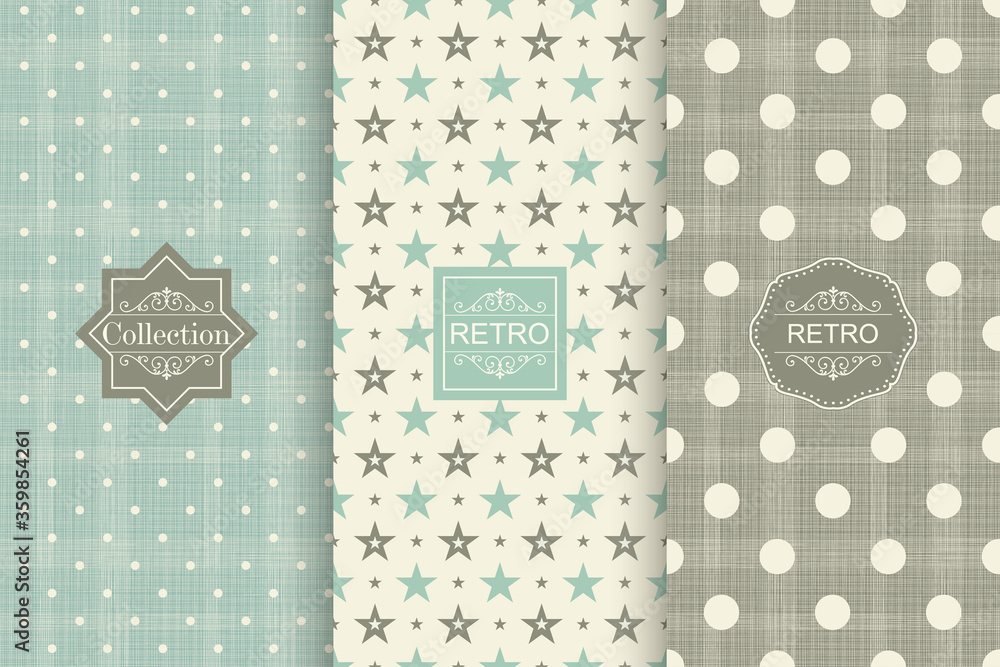 Poster Set of seamless hand drawn texture design for backgrounds, business cards, web design. Abstract retro seamless patterns in polka dot and star. Vintage design of background with frame. Vector