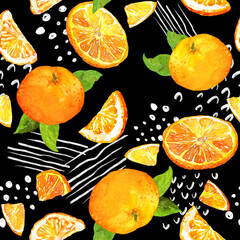 Colorful fruit design with tangerines and orange slices, leaves, random dots, modern lines. Summer repeating pattern on black background. Positive watercolor in memphis style