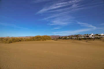 Fototapeta na wymiar summer desert landscape on a warm sunny day from Maspalomas dunes on the Spanish island of Gran Canaria