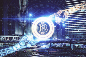 Multi exposure of cryptocurrency theme hologram drawing and city veiw background. Concept of...