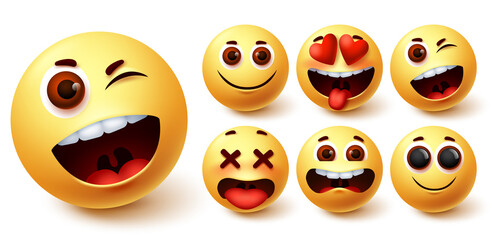 Smiley emoji vector set. Smileys yellow face cute emojis with funny, happy, naughty and in love facial expression for emoticon character collection design. Vector illustration
