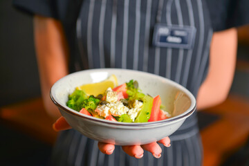Close up of waiter serving a plate of vegetable salad with feta cheese, lettuce and tomatoes. Restaurant service.