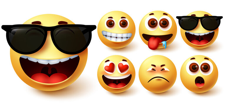 Emoji smiley vector set. Cute yellow smileys face with different feelings and facial expressions like happy in sunglasses, hungry, surprise, in love and sad for emoticon avatar collection. Vector 