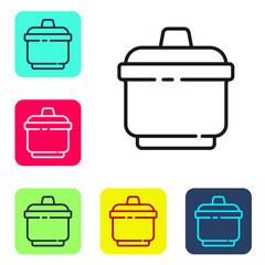 Black line Cooking pot icon isolated on white background. Boil or stew food symbol. Set icons in color square buttons. Vector Illustration.