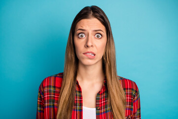 Close-up portrait of her she nice attractive lovely depressed scared impressed girl wearing checked...