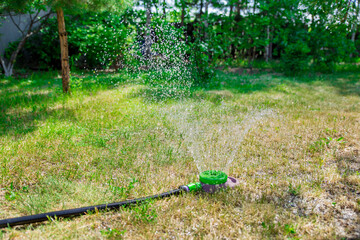 Naklejka premium Watering the green grass in the Park. Watering the lawn of a private home using an irrigation system