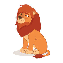 Cartoon cute happy lion sitting on the white background. Kind lion Vector illustration. African animals character. Happy Lion Portrait.