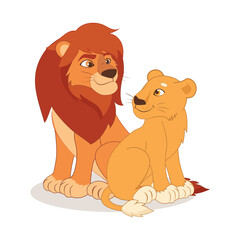 Cartoon cute happy lion and Lioness couple sitting on the white background. Kind lion Vector illustration. African animals character. Family of lions vector.