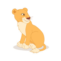 Cartoon cute happy lioness sitting on the white background. Kind girl Vector illustration. Lioness African animal character.