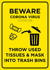 Vector Poster: Corona Virus, Throw Used Tissues and Masks Into Trash Bins