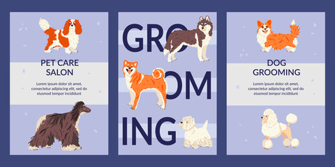 Set of cards and tags templates vector flat illustration. Flyers for pet care salon and pet shops. Dog grooming banner, promo poster, coupon. Animal party invitation.