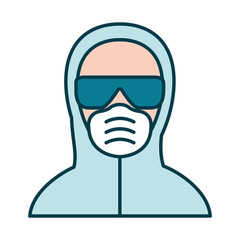 man with protective goggles, mask and suit icon, line and fill style