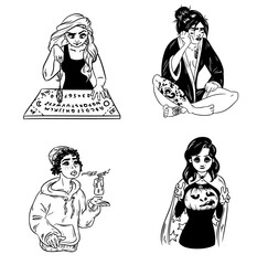 Set of hand drawn witches. Collection of black and white outline images of young magical females. Ouija board and pendulum divination, Halloween or Samhain carved pumpkin. Vector illustrations